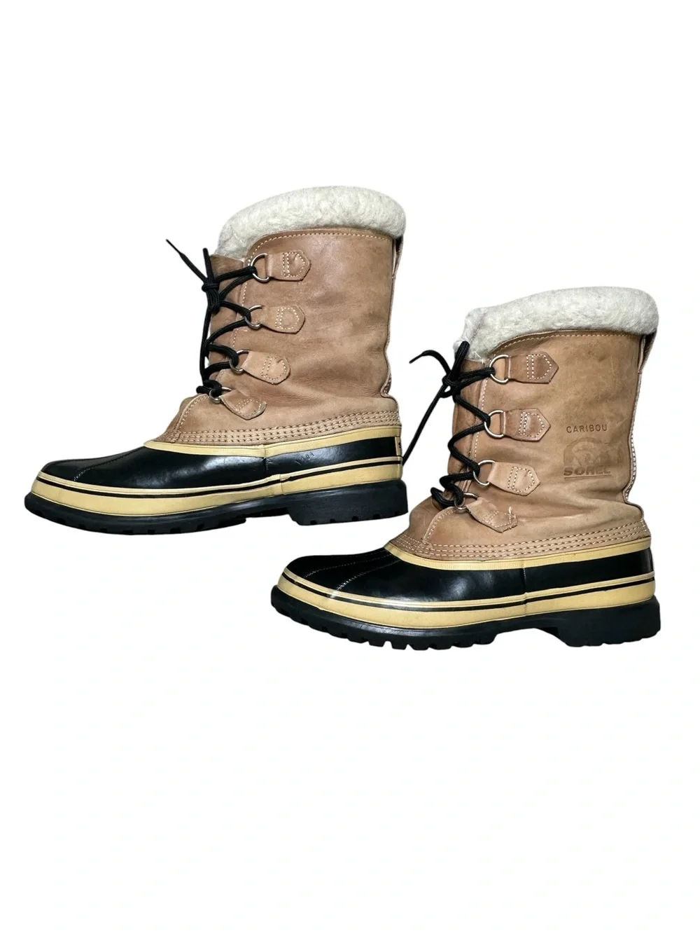 Sorel Men’s 9 Tan & Black Kaufman Canada Leather Wool Caribou Winter Snow Boot